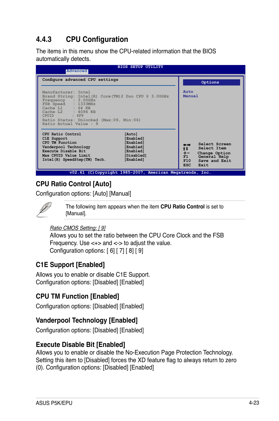 3 cpu configuration, Cpu configuration -23, Cpu ratio control [auto | C1e support [enabled, Cpu tm function [enabled, Vanderpool technology [enabled, Execute disable bit [enabled, Configuration options: [auto] [manual, Configuration options: [disabled] [enabled | Asus P5K/EPU User Manual | Page 87 / 150