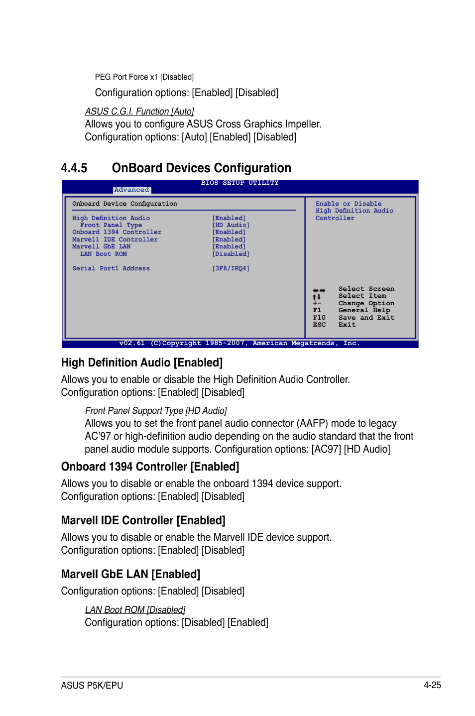 5 onboard devices configuration, Onboard devices configuration -25, High definition audio [enabled | Onboard 1394 controller [enabled, Marvell ide controller [enabled, Marveli gbe lan [enabled, Configuration options: [enabled] [disabled, Configuration options: [disabled] [enabled | Asus P5K/EPU User Manual | Page 89 / 150