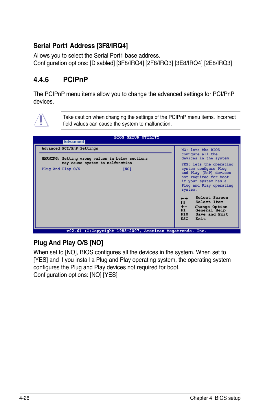 6 pcipnp, Pcipnp -26, Plug and play o/s [no | Serial port1 address [3f8/irq4 | Asus P5K/EPU User Manual | Page 90 / 150