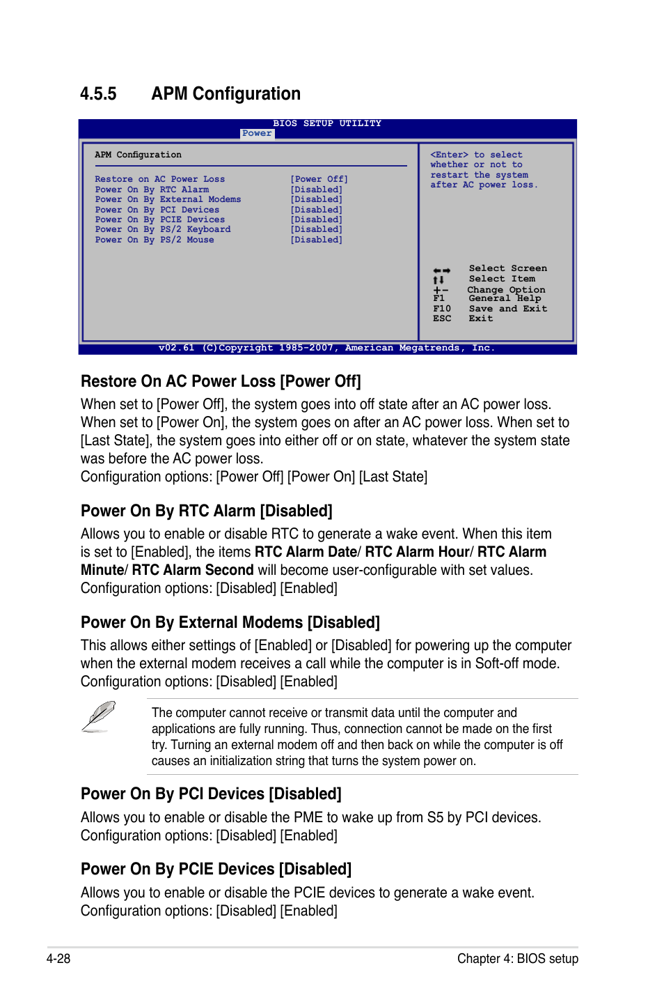 5 apm configuration, Apm configuration -28, Restore on ac power loss [power off | Power on by rtc alarm [disabled, Power on by external modems [disabled, Power on by pci devices [disabled, Power on by pcie devices [disabled | Asus P5K/EPU User Manual | Page 92 / 150