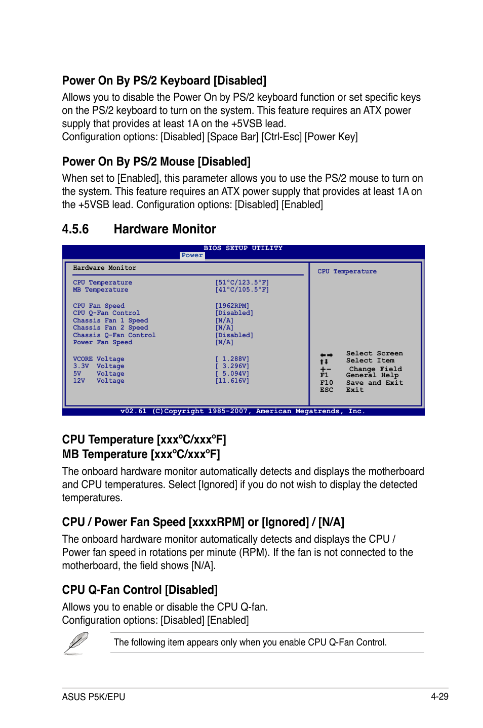 6 hardware monitor, Hardware monitor -29, Power on by ps/2 keyboard [disabled | Power on by ps/2 mouse [disabled, Cpu q-fan control [disabled | Asus P5K/EPU User Manual | Page 93 / 150