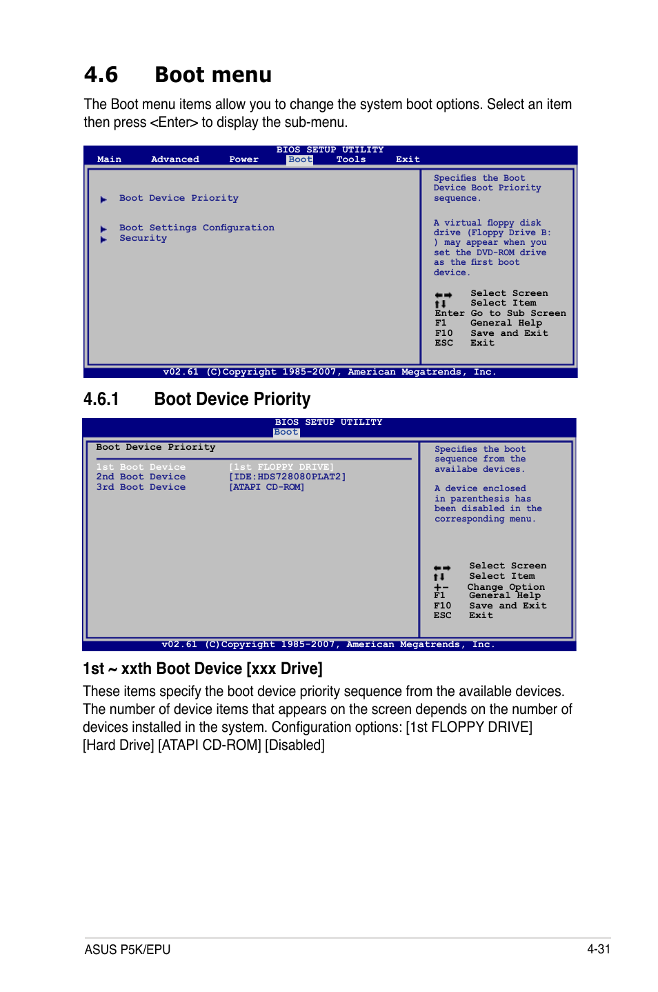 6 boot menu, 1 boot device priority, Boot menu -31 4.6.1 | Boot device priority -31, 1st ~ xxth boot device [xxx drive | Asus P5K/EPU User Manual | Page 95 / 150