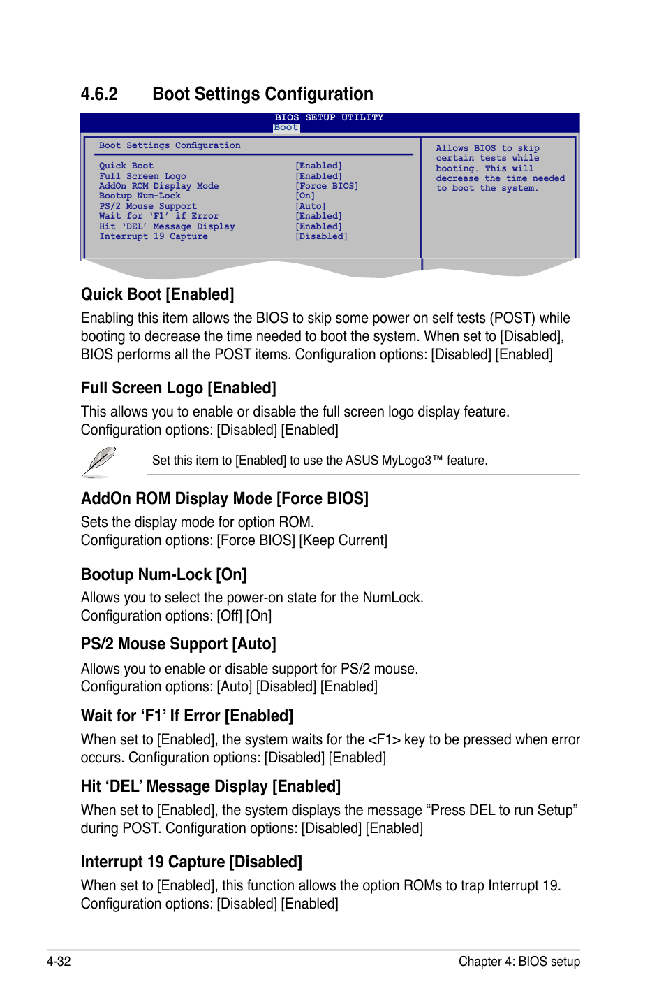 2 boot settings configuration, Boot settings configuration -32, Quick boot [enabled | Full screen logo [enabled, Addon rom display mode [force bios, Bootup num-lock [on, Ps/2 mouse support [auto, Wait for ‘f1’ if error [enabled, Hit ‘del’ message display [enabled, Interrupt 19 capture [disabled | Asus P5K/EPU User Manual | Page 96 / 150