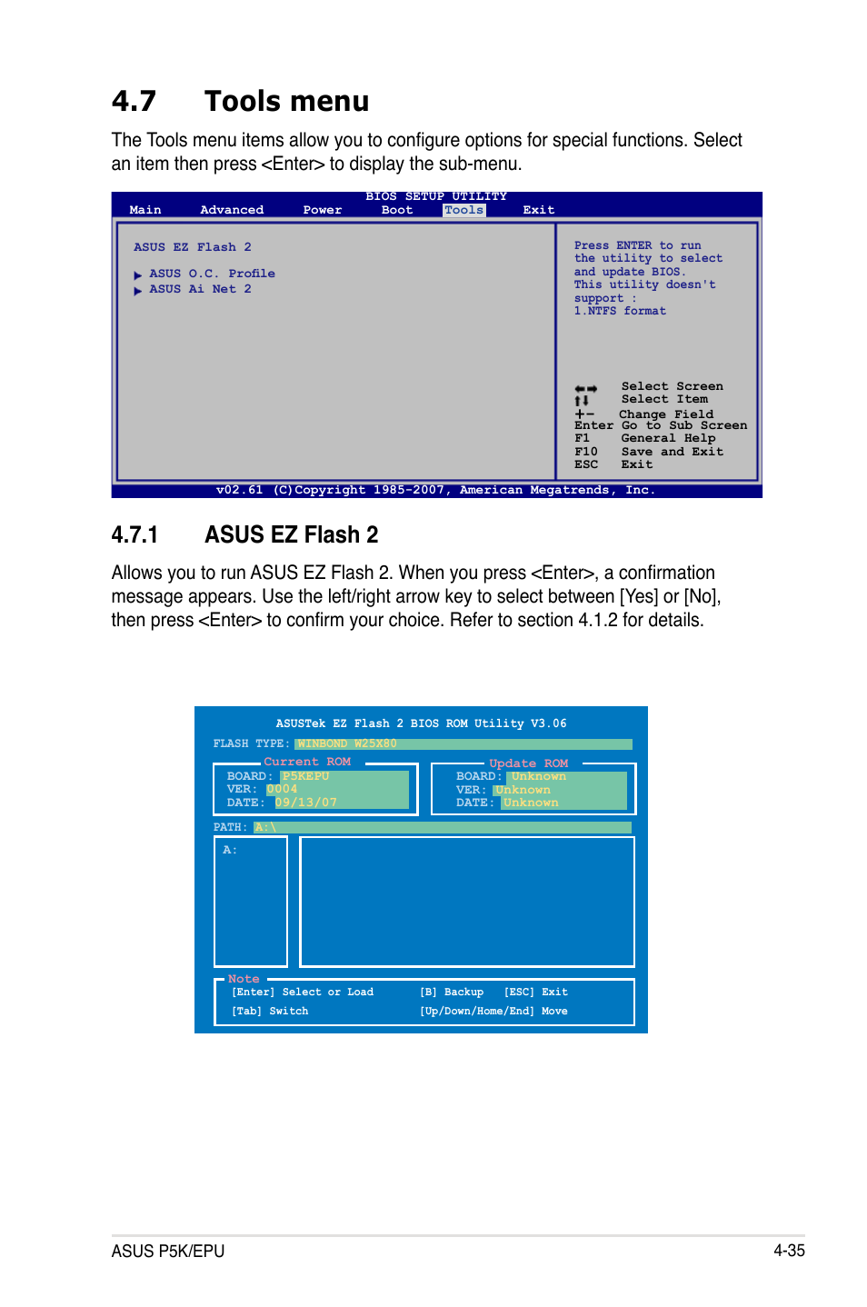 7 tools menu, 1 asus ez flash 2, Tools menu -35 4.7.1 | Asus ez flash 2 -35 | Asus P5K/EPU User Manual | Page 99 / 150