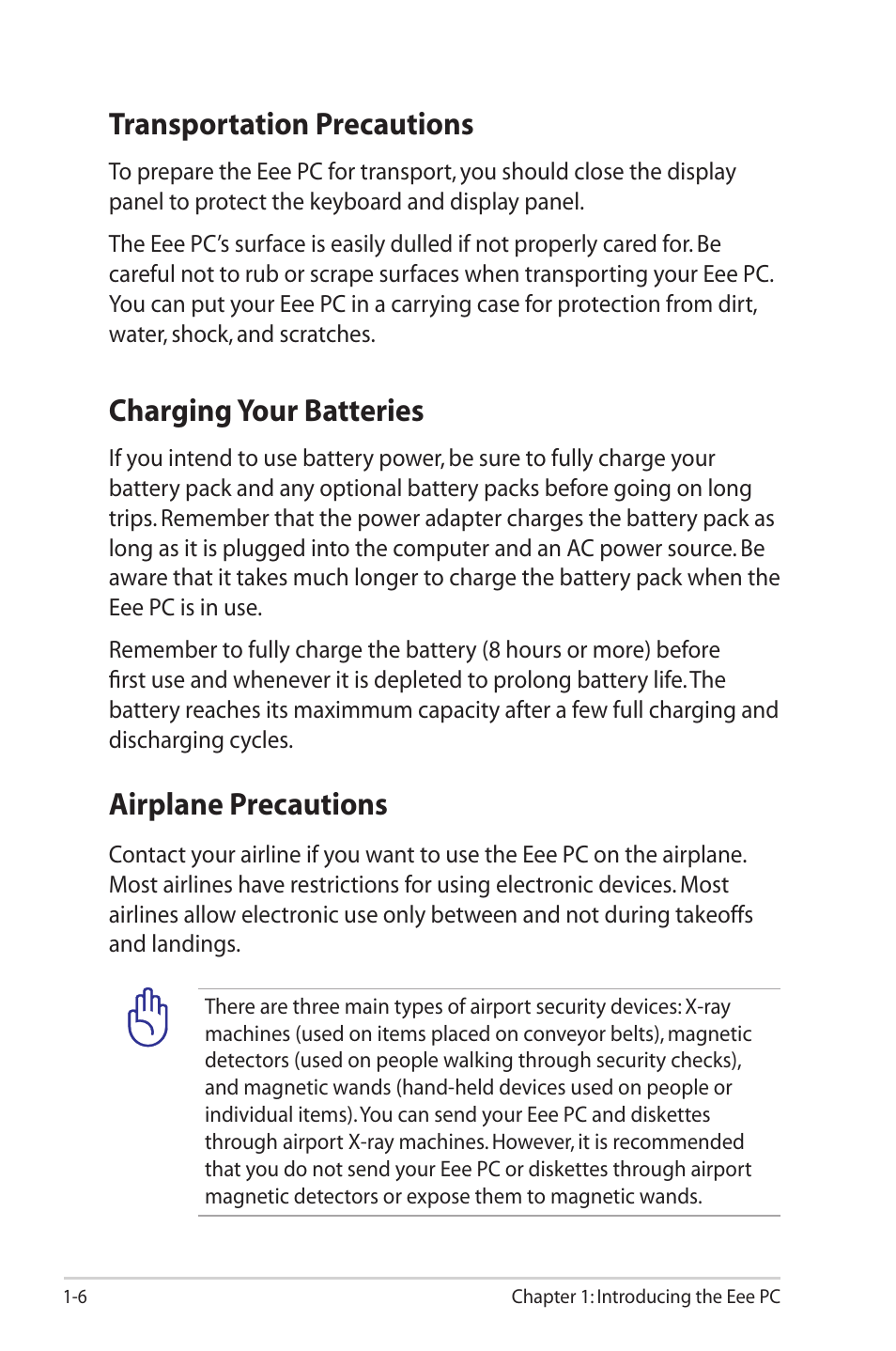 Transportation precautions, Charging your batteries, Airplane precautions | Asus Eee PC 1000HG User Manual | Page 10 / 88