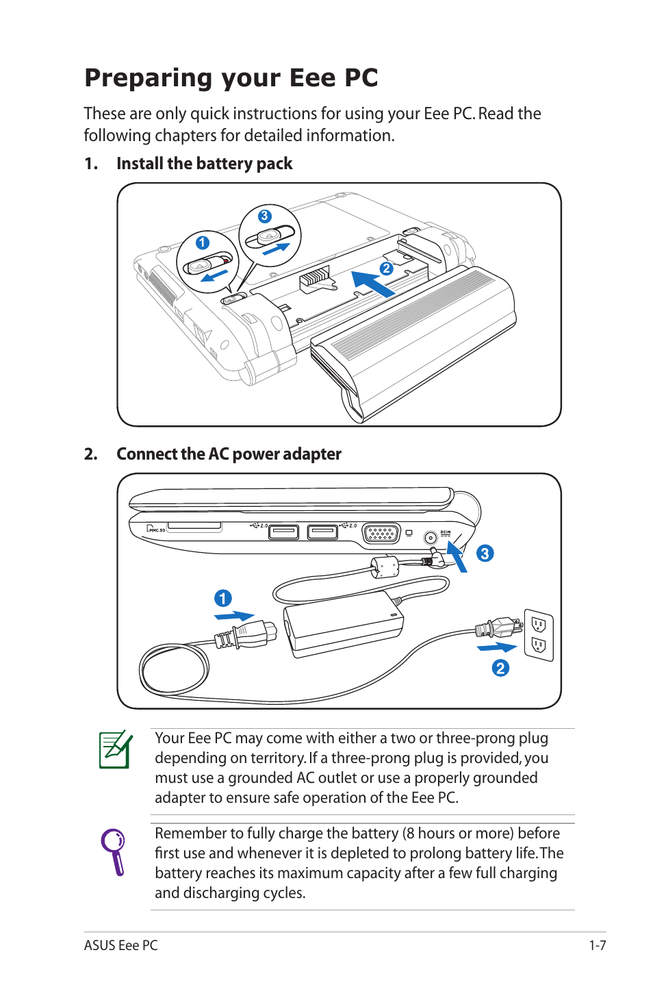 Preparing your eee pc, Preparing your eee pc -7 | Asus Eee PC 1000HG User Manual | Page 11 / 88