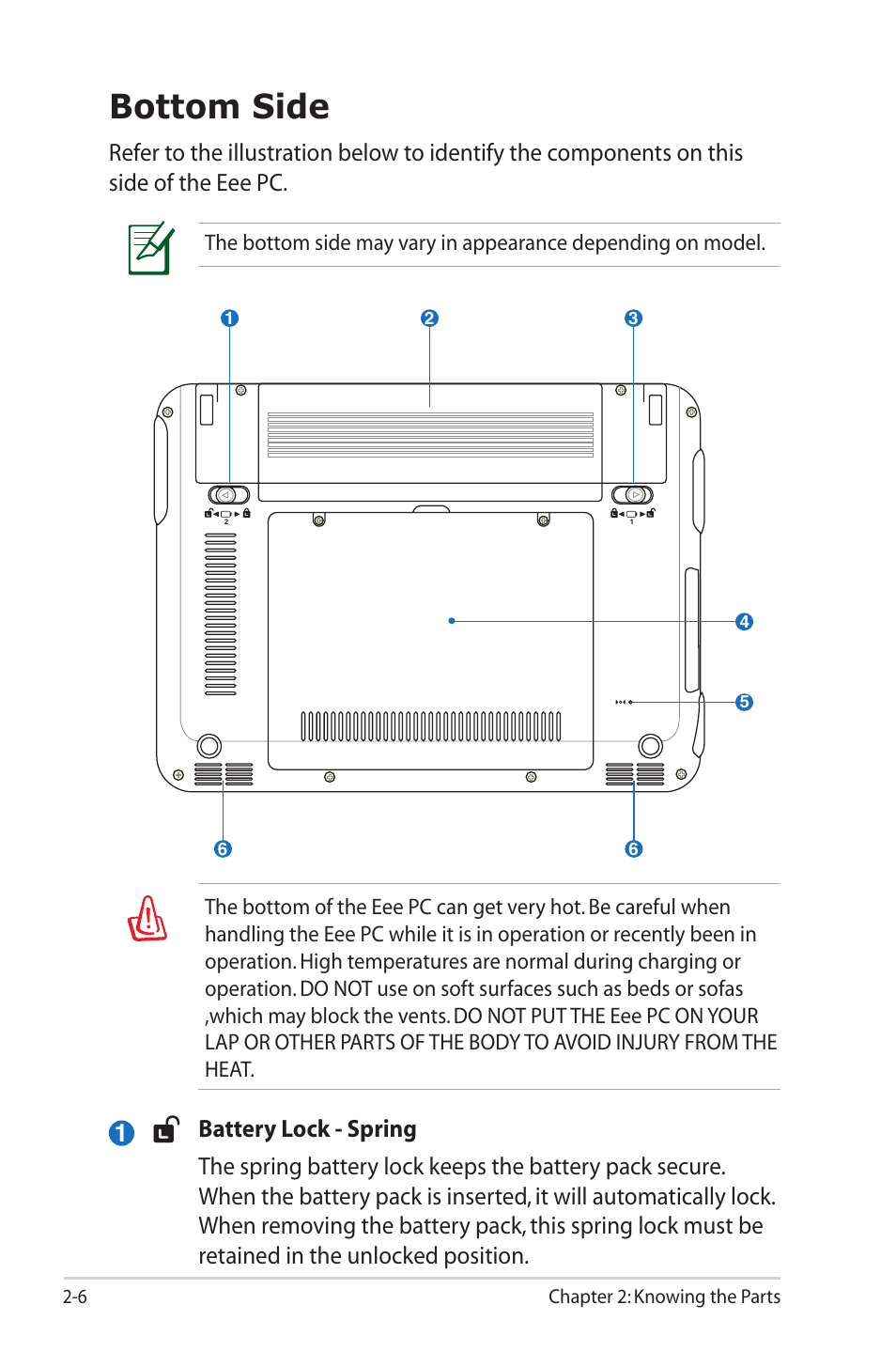 Bottom side, Bottom side -6 | Asus Eee PC 1000HG User Manual | Page 18 / 88