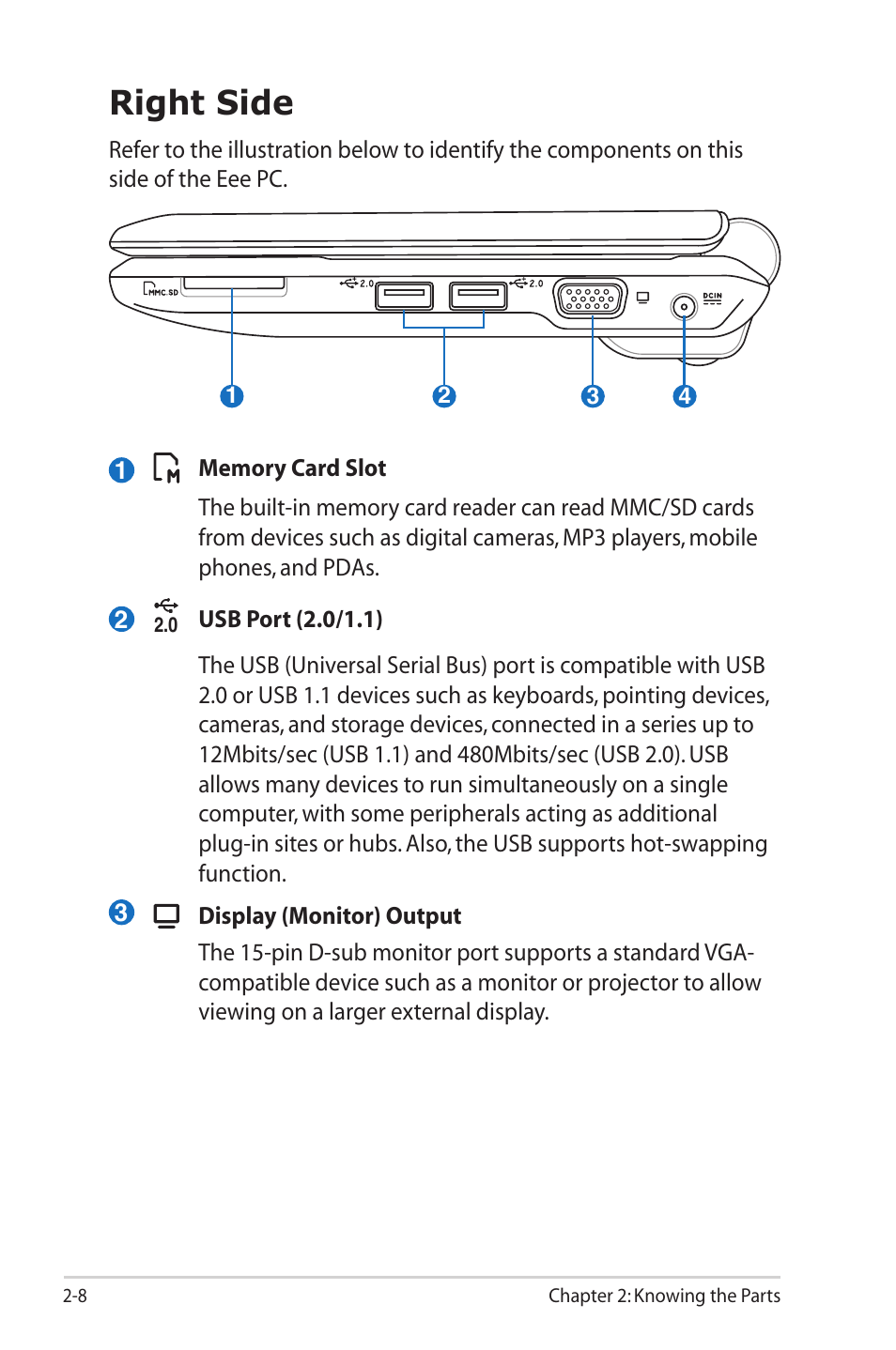 Right side, Right side -8 | Asus Eee PC 1000HG User Manual | Page 20 / 88