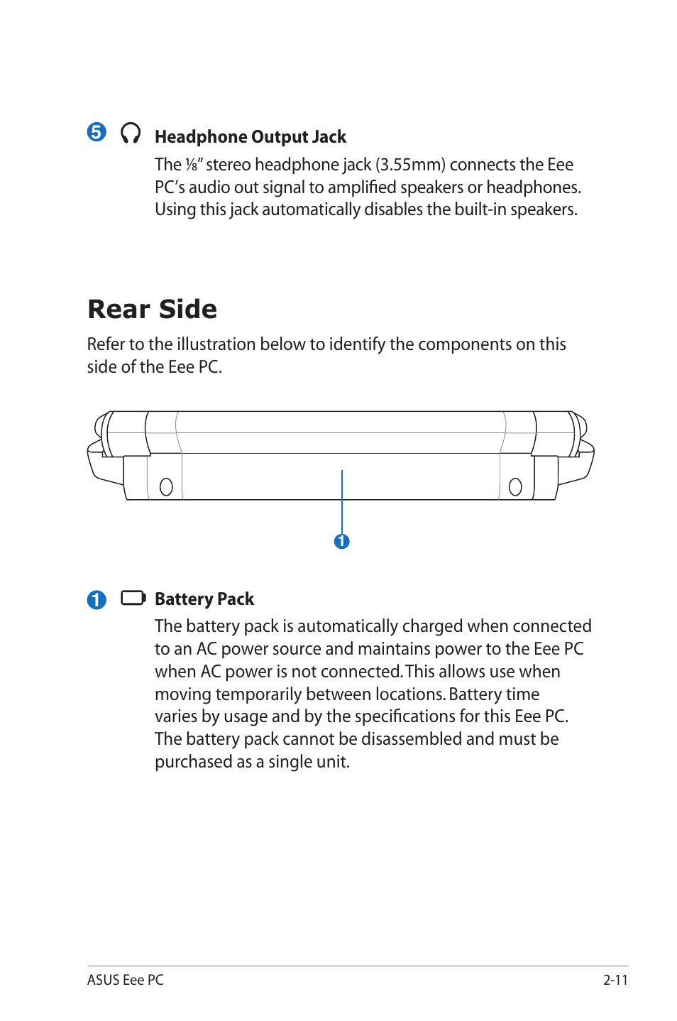 Rear side, Rear side -11 | Asus Eee PC 1000HG User Manual | Page 23 / 88