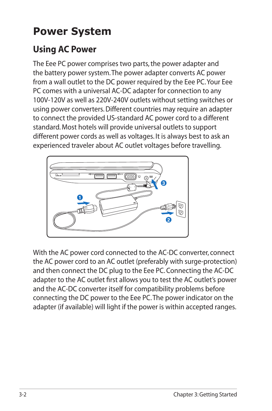 Power system, Using ac power, Power system -2 | Using ac power -2 | Asus Eee PC 1000HG User Manual | Page 26 / 88