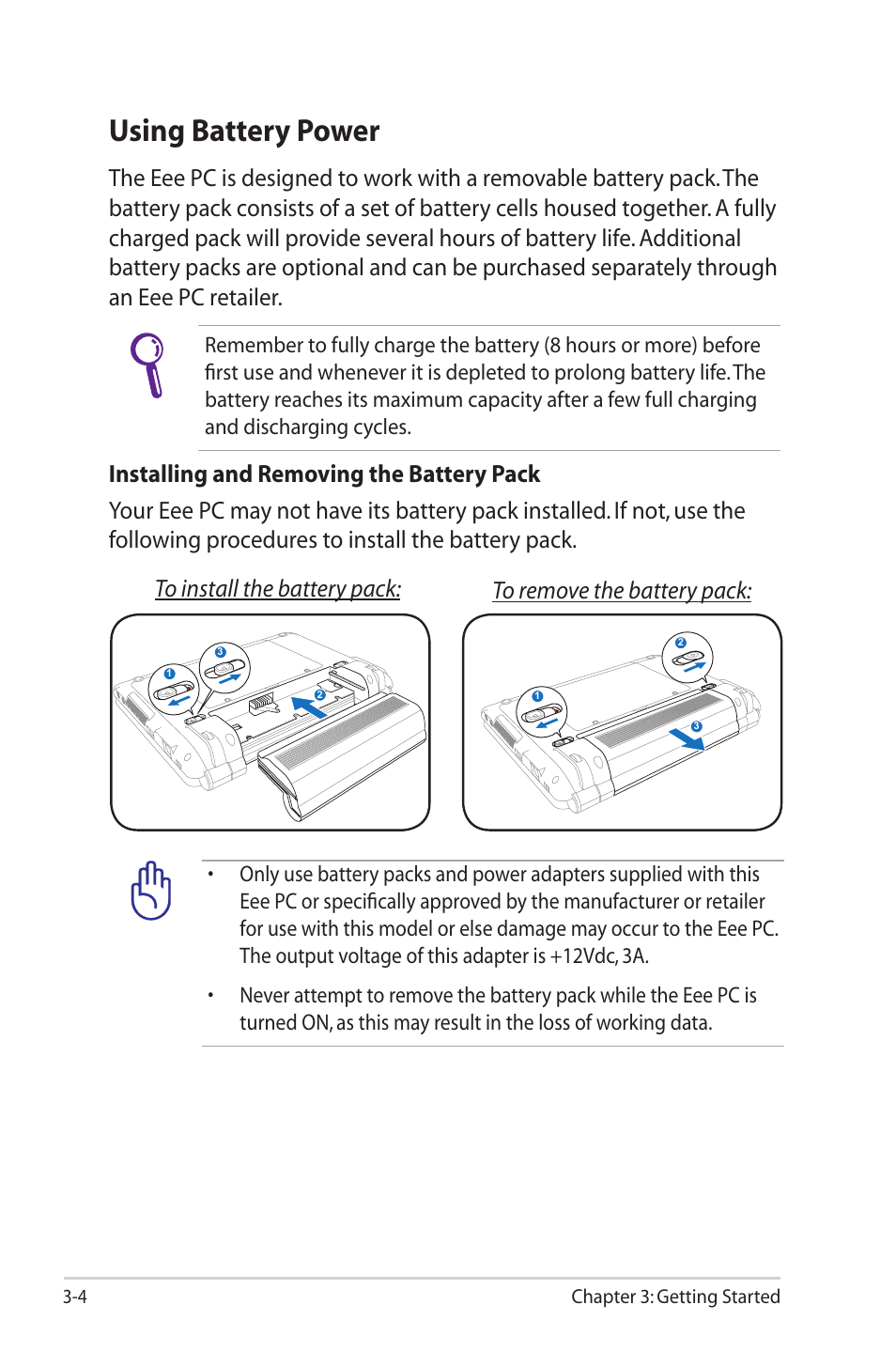 Using battery power, Using battery power -4, 4 chapter 3: getting started | Asus Eee PC 1000HG User Manual | Page 28 / 88