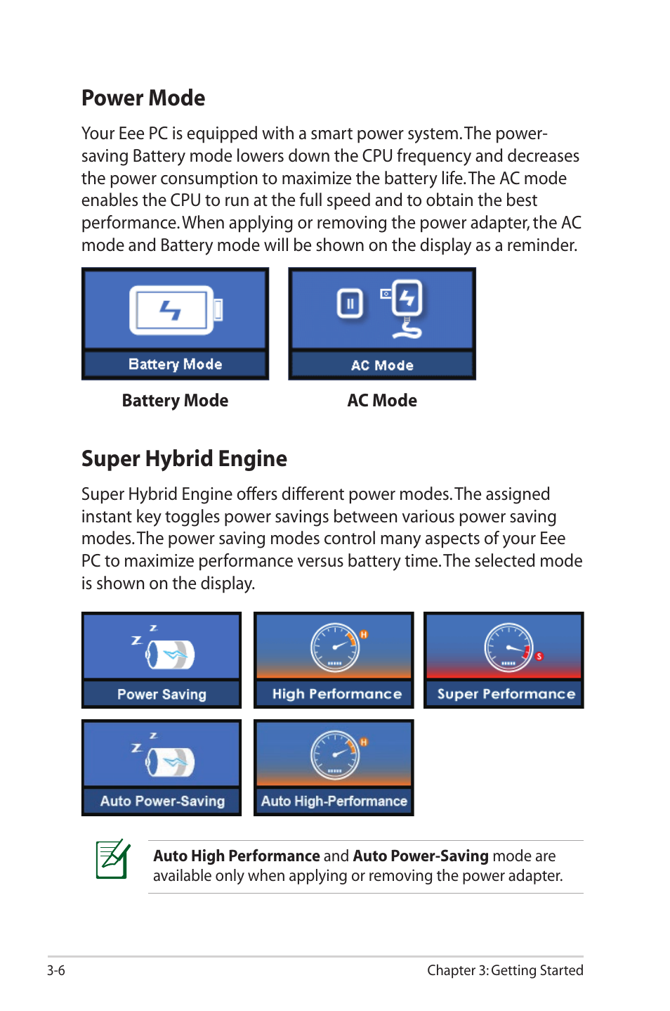 Power mode, Super hybrid engine, Power mode -6 super hybrid engine -6 | Asus Eee PC 1000HG User Manual | Page 30 / 88