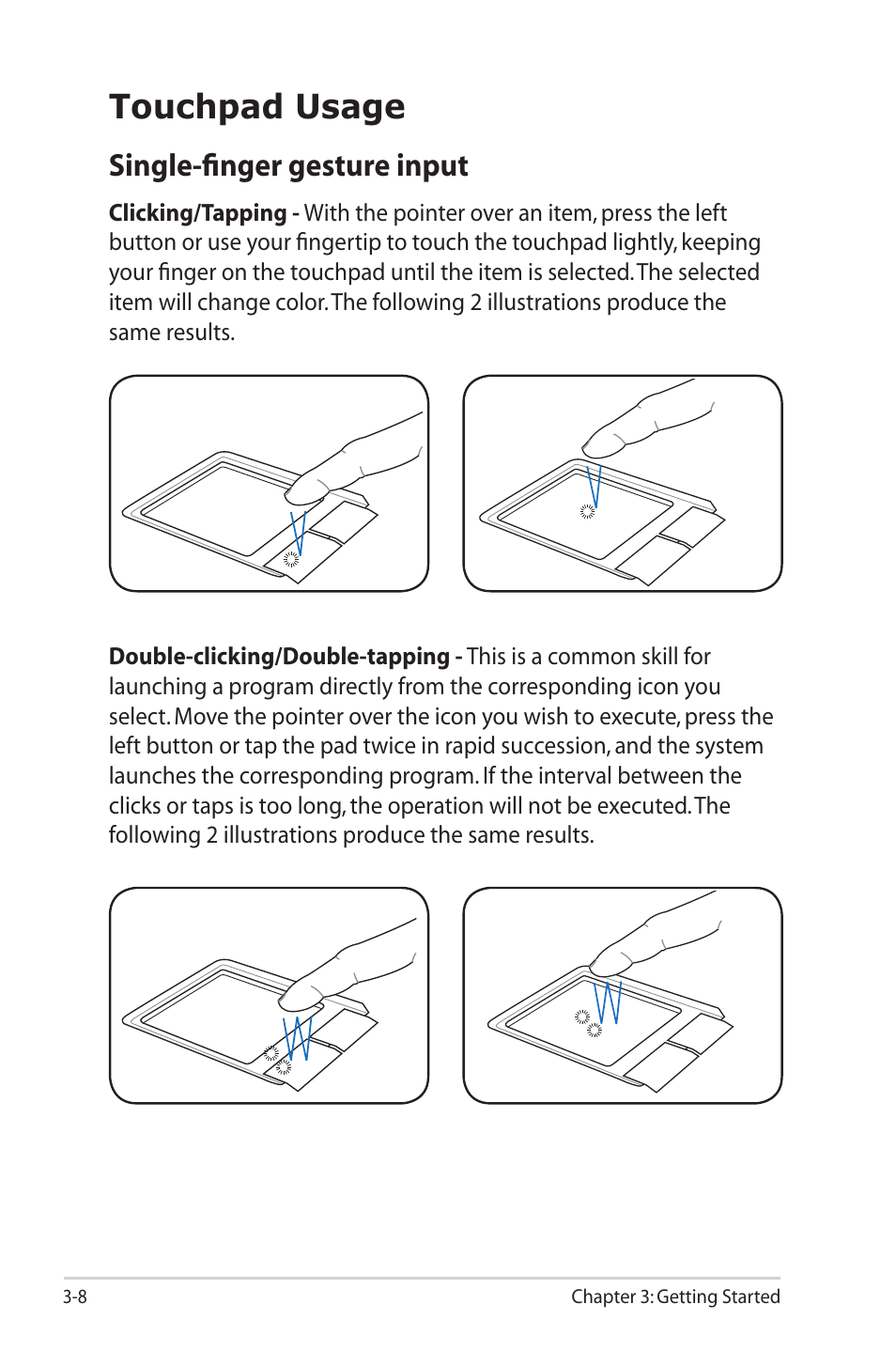 Touchpad usage, Single-finger gesture input, Touchpad usage -8 | Single-finger gesture input -8 | Asus Eee PC 1000HG User Manual | Page 32 / 88