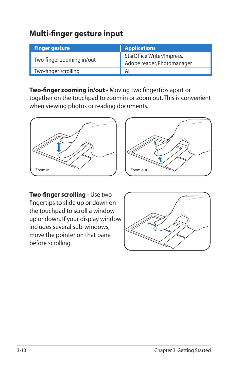 Multi-finger gesture input, Multi-finger gesture input -10 | Asus Eee PC 1000HG User Manual | Page 34 / 88