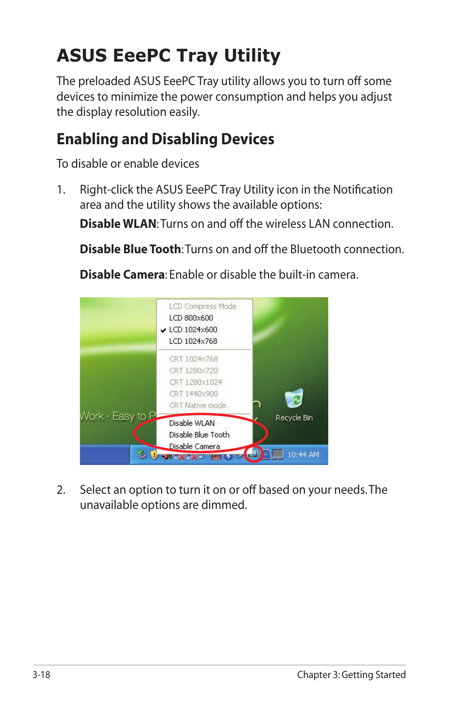 Asus eeepc tray utility, Enabling and disabling devices, Asus eeepc tray utility -18 | Enabling and disabling devices -18 | Asus Eee PC 1000HG User Manual | Page 42 / 88