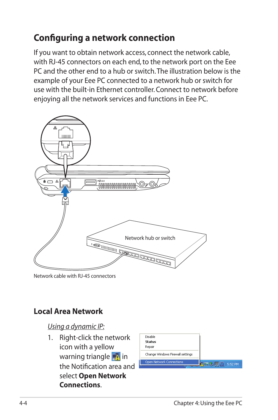 Configuring a network connection, Configuring a network connection -4 | Asus Eee PC 1000HG User Manual | Page 48 / 88