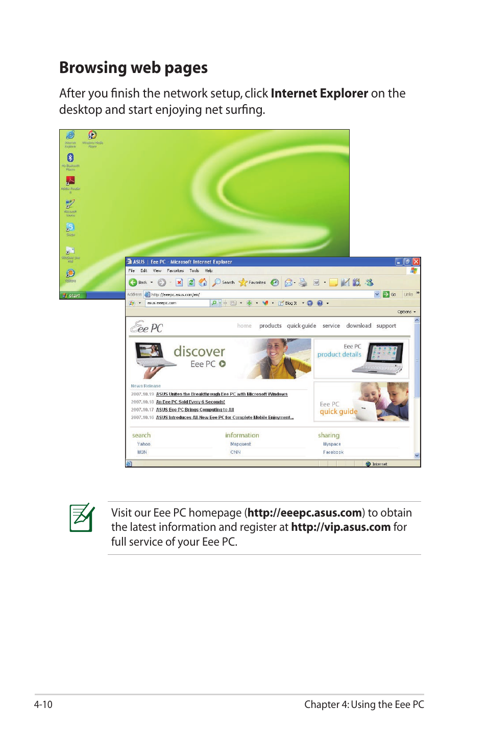 Browsing web pages | Asus Eee PC 1000HG User Manual | Page 54 / 88