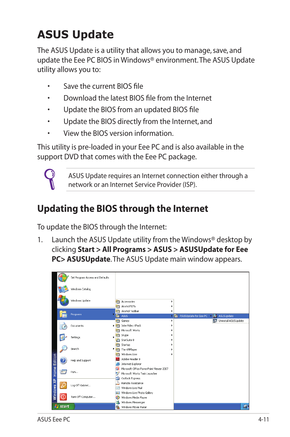 Asus update, Updating the bios through the internet, Asus update -11 | Updating the bios through the internet -11 | Asus Eee PC 1000HG User Manual | Page 55 / 88