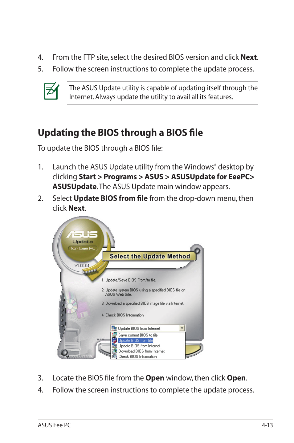 Updating the bios through a bios file, Updating the bios through a bios file -13 | Asus Eee PC 1000HG User Manual | Page 57 / 88