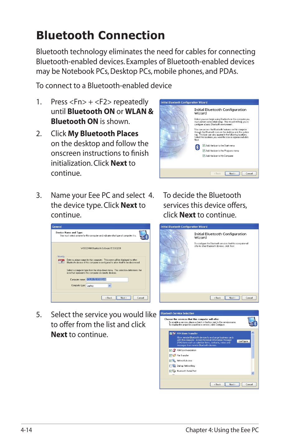 Bluetooth connection, Bluetooth connection -14 | Asus Eee PC 1000HG User Manual | Page 58 / 88