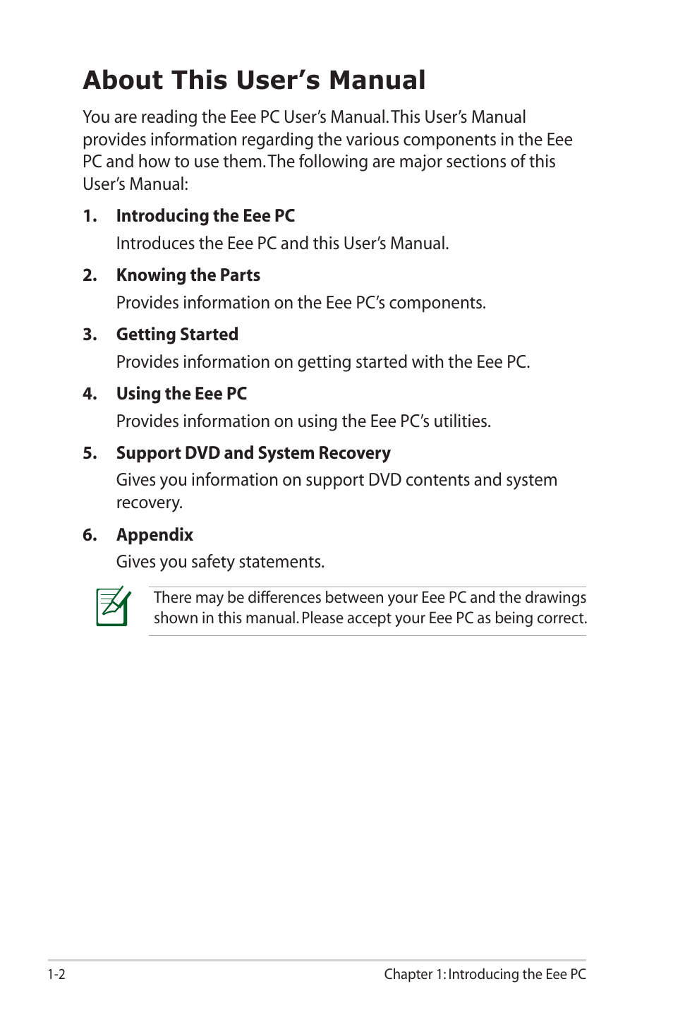 About this user’s manual, About this user’s manual -2 | Asus Eee PC 1000HG User Manual | Page 6 / 88