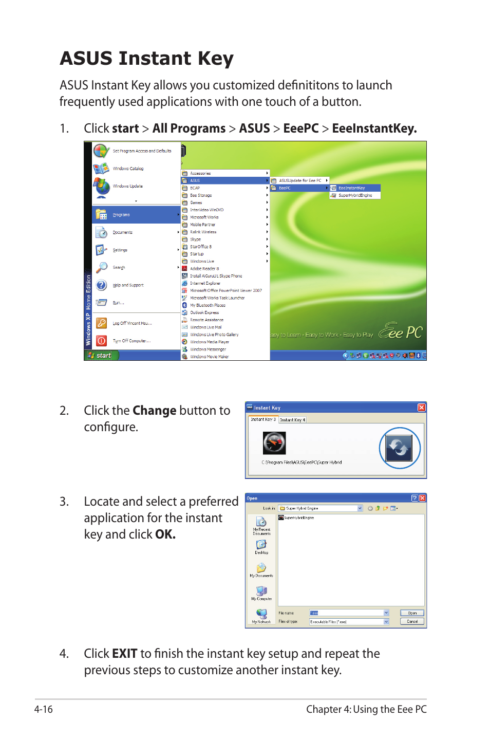 Asus instant key, Asus instant key -16 | Asus Eee PC 1000HG User Manual | Page 60 / 88