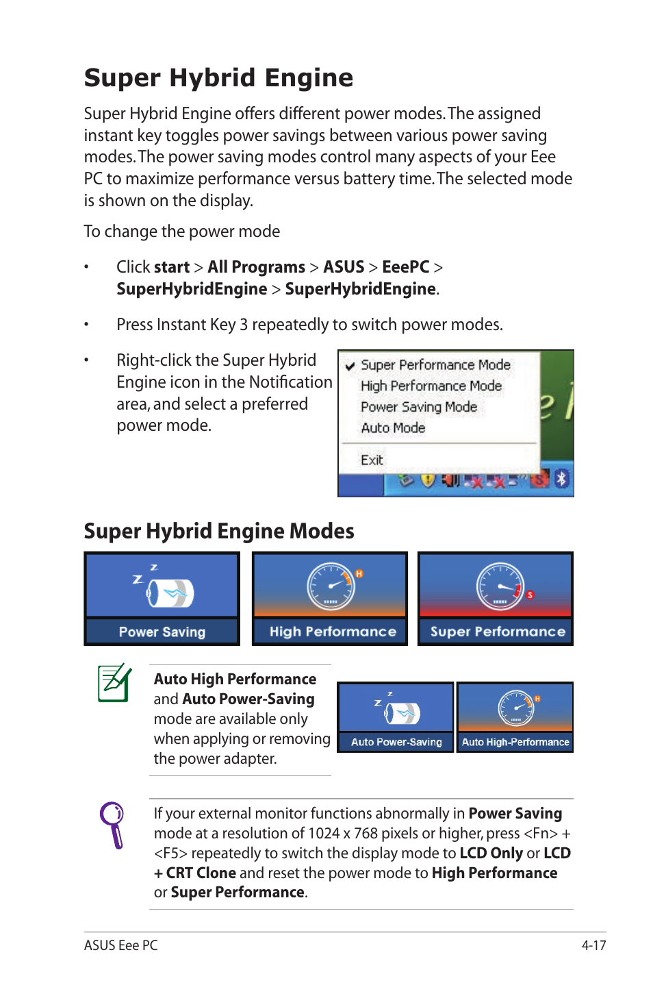 Super hybrid engine, Super hybrid engine modes, Super hybrid engine -17 | Super hybrid engine modes -17 | Asus Eee PC 1000HG User Manual | Page 61 / 88