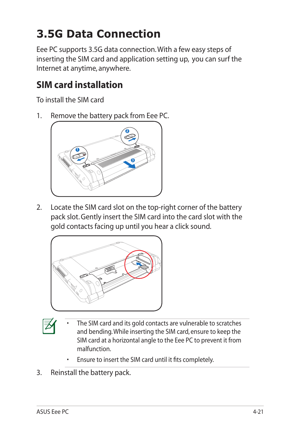 5g data connection, Sim card installation, 5g data connection -21 | Sim card installation -21, Reinstall the battery pack | Asus Eee PC 1000HG User Manual | Page 65 / 88