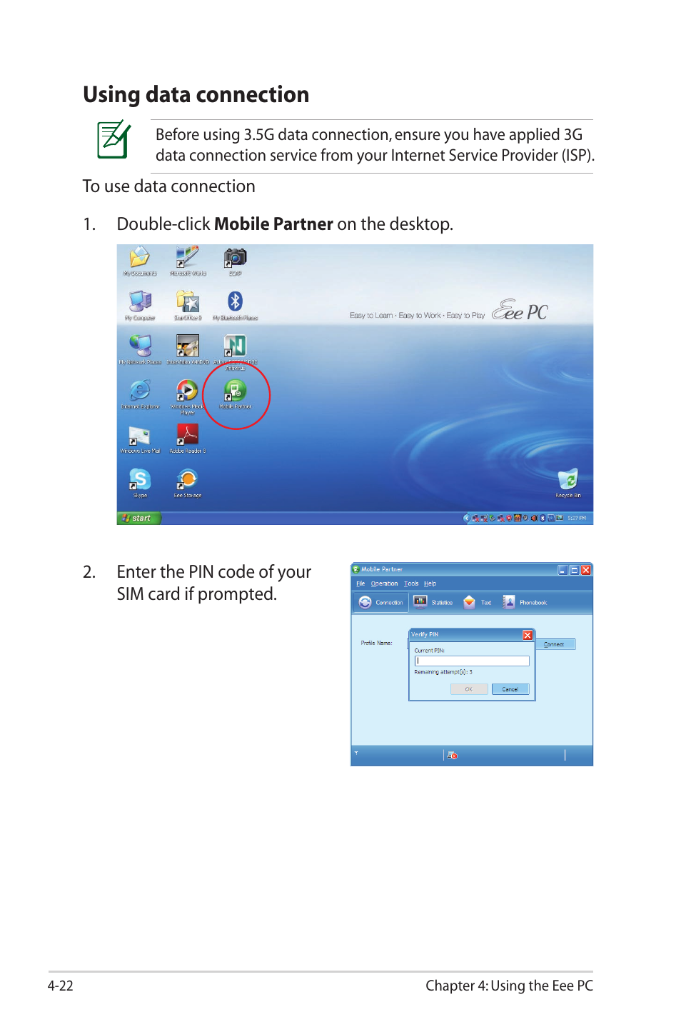 Using data connection, Using data connection -22 | Asus Eee PC 1000HG User Manual | Page 66 / 88