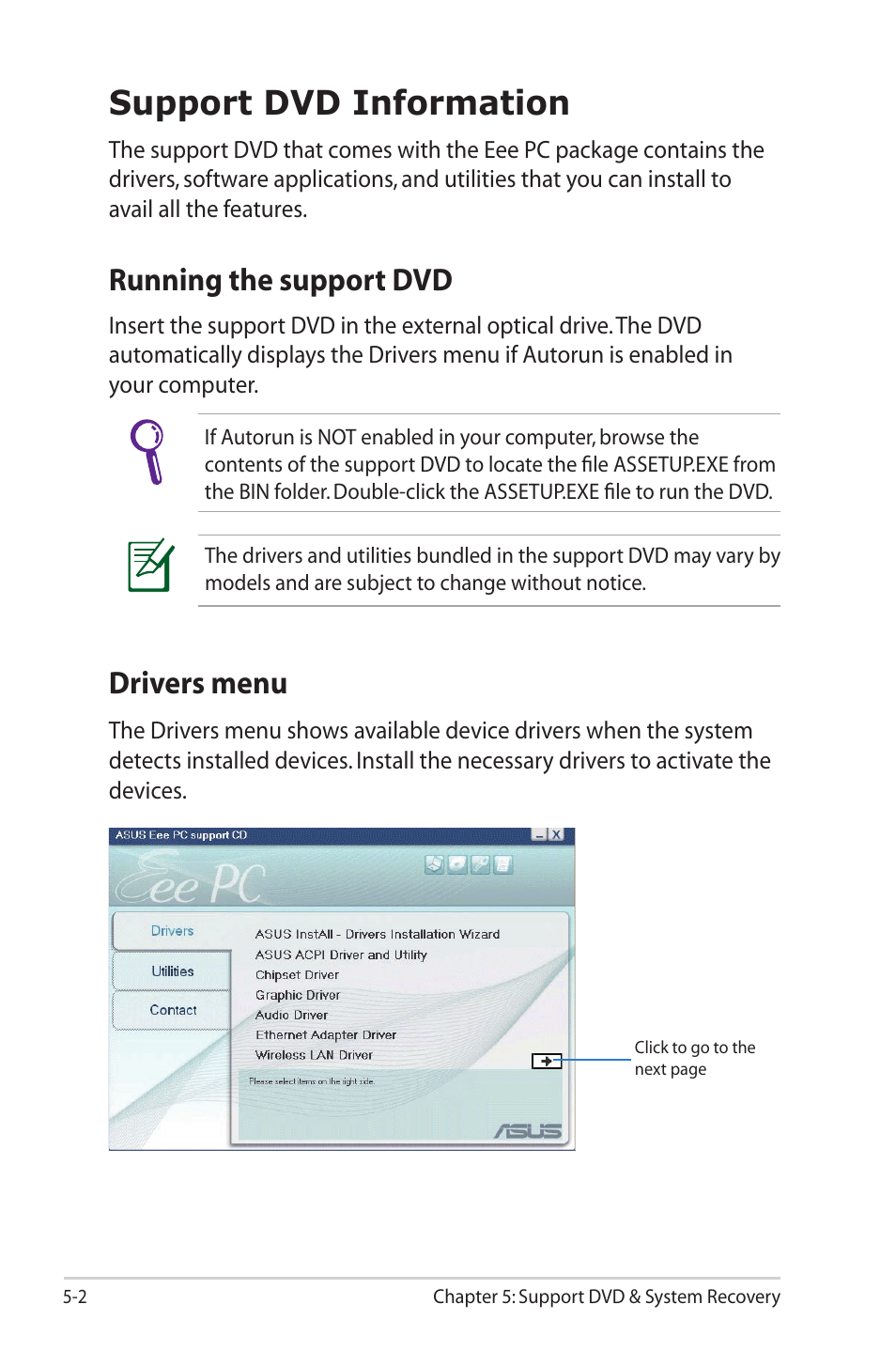 Support dvd information, Running the support dvd, Drivers menu | Support dvd information -2, Running the support dvd -2 drivers menu -2 | Asus Eee PC 1000HG User Manual | Page 70 / 88