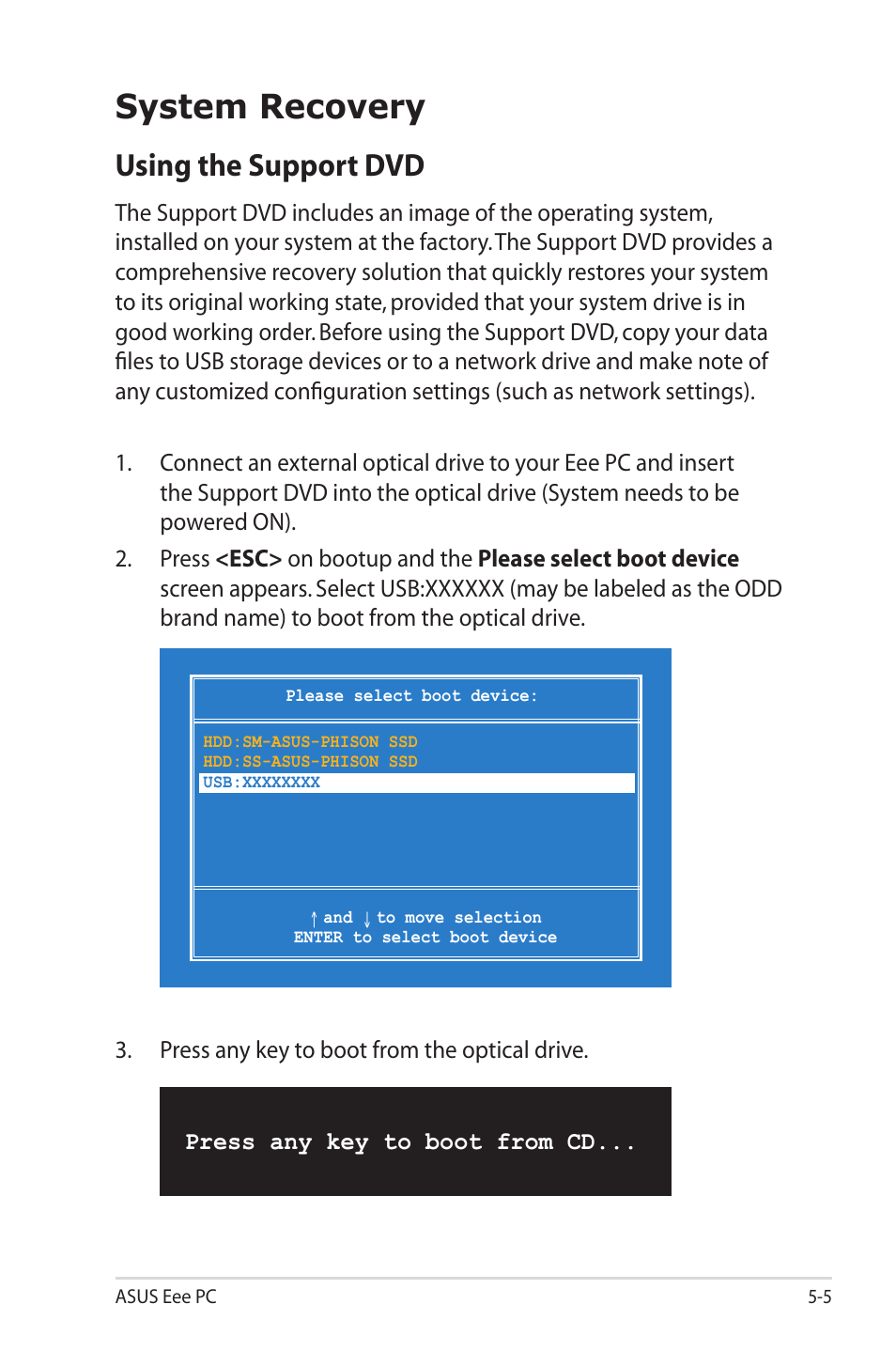 System recovery, Using the support dvd, System recovery -5 | Using the support dvd -5 | Asus Eee PC 1000HG User Manual | Page 73 / 88