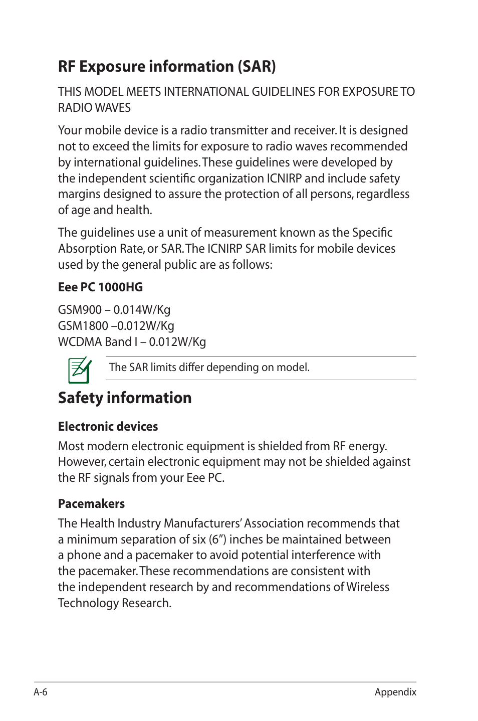 Rf exposure information (sar), Safety information | Asus Eee PC 1000HG User Manual | Page 80 / 88