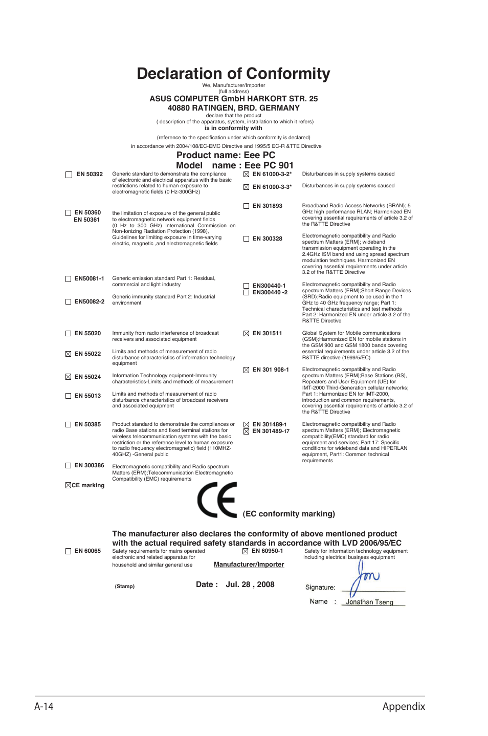 Declaration of conformity, A-14 appendix, Product name: eee pc model name : eee pc 901 | Ec conformity marking) | Asus Eee PC 1000HG User Manual | Page 88 / 88