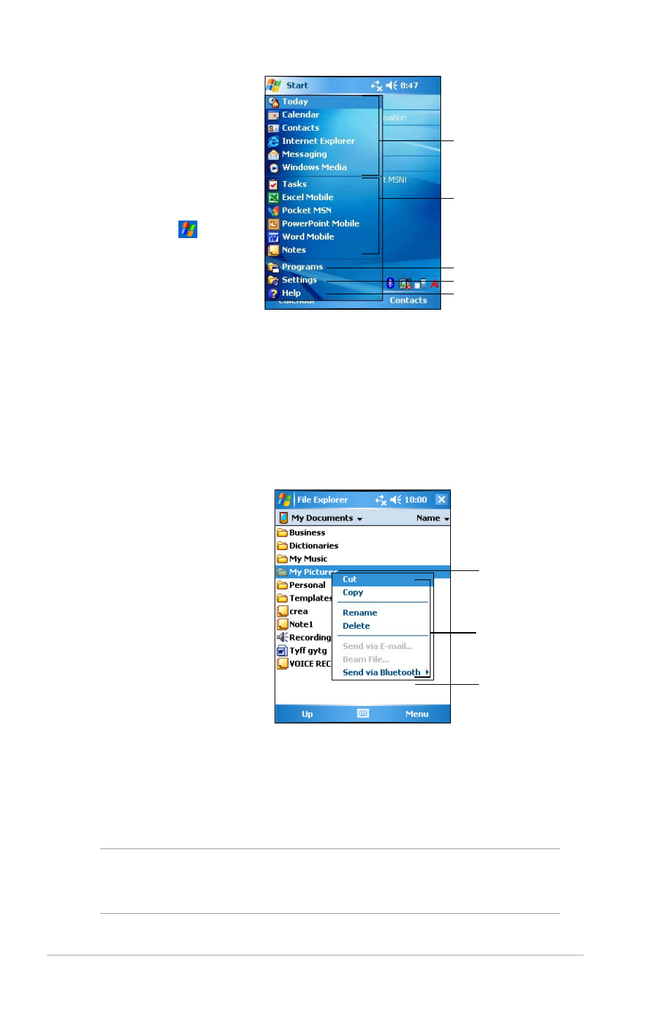 Start menu pop-up menus menu bar | Asus MYPAL A636 User Manual | Page 16 / 104