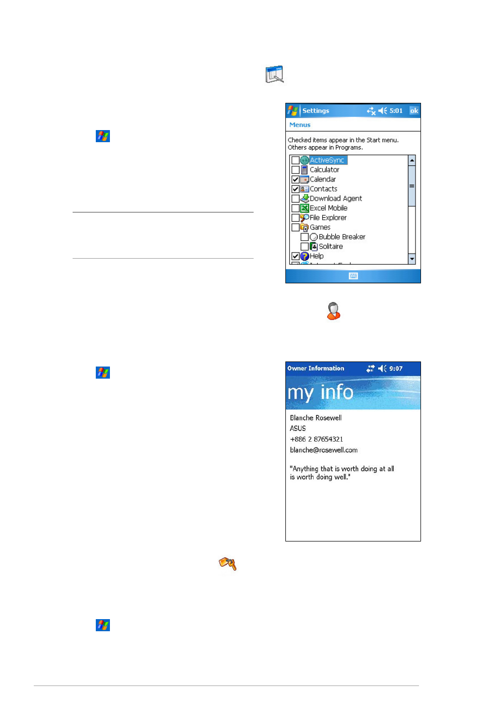 Changing the owner information, Changing the start menu, Setting a password | Asus MYPAL A636 User Manual | Page 26 / 104