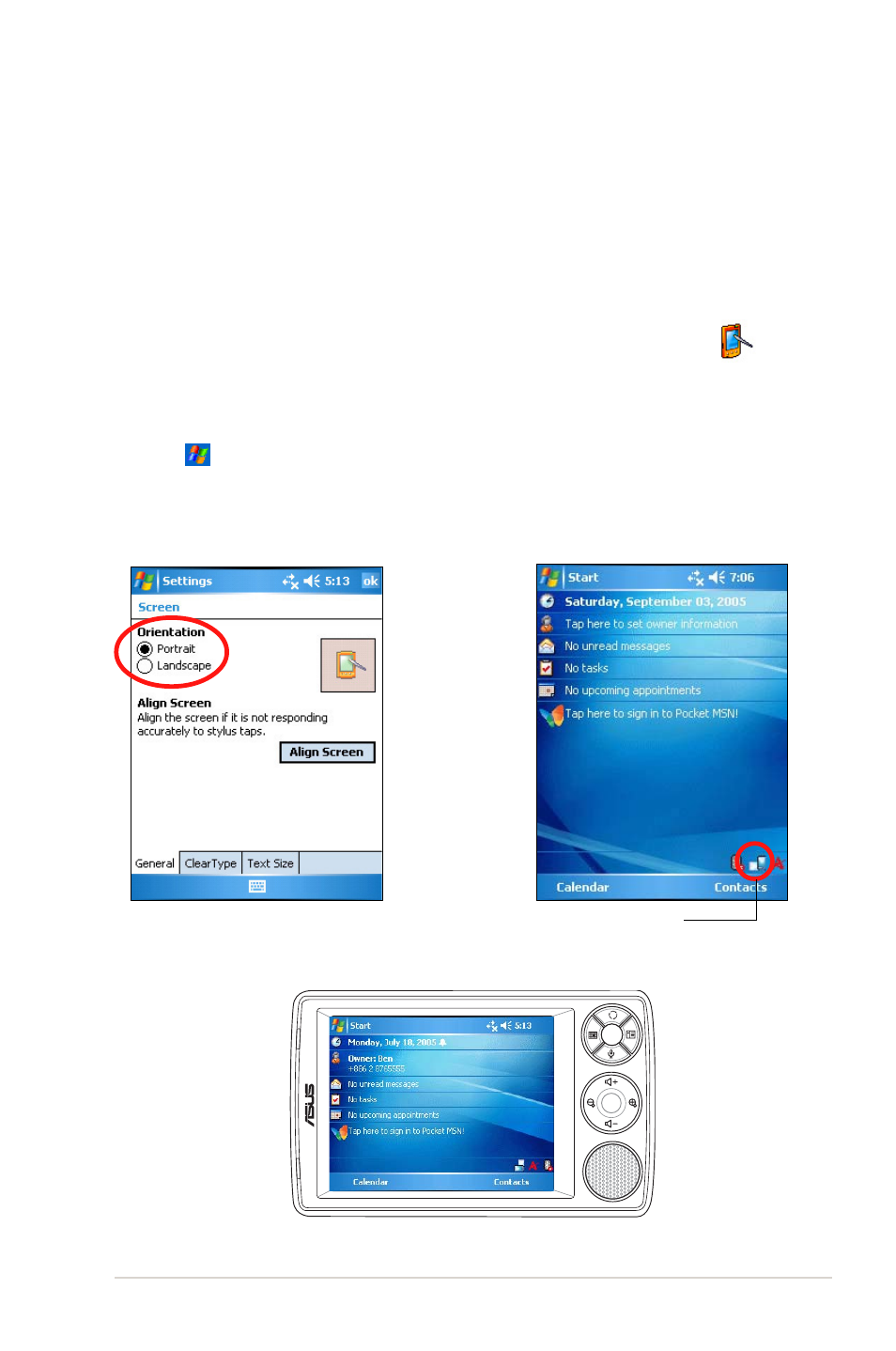 Changing the screen display orientation | Asus MYPAL A636 User Manual | Page 27 / 104