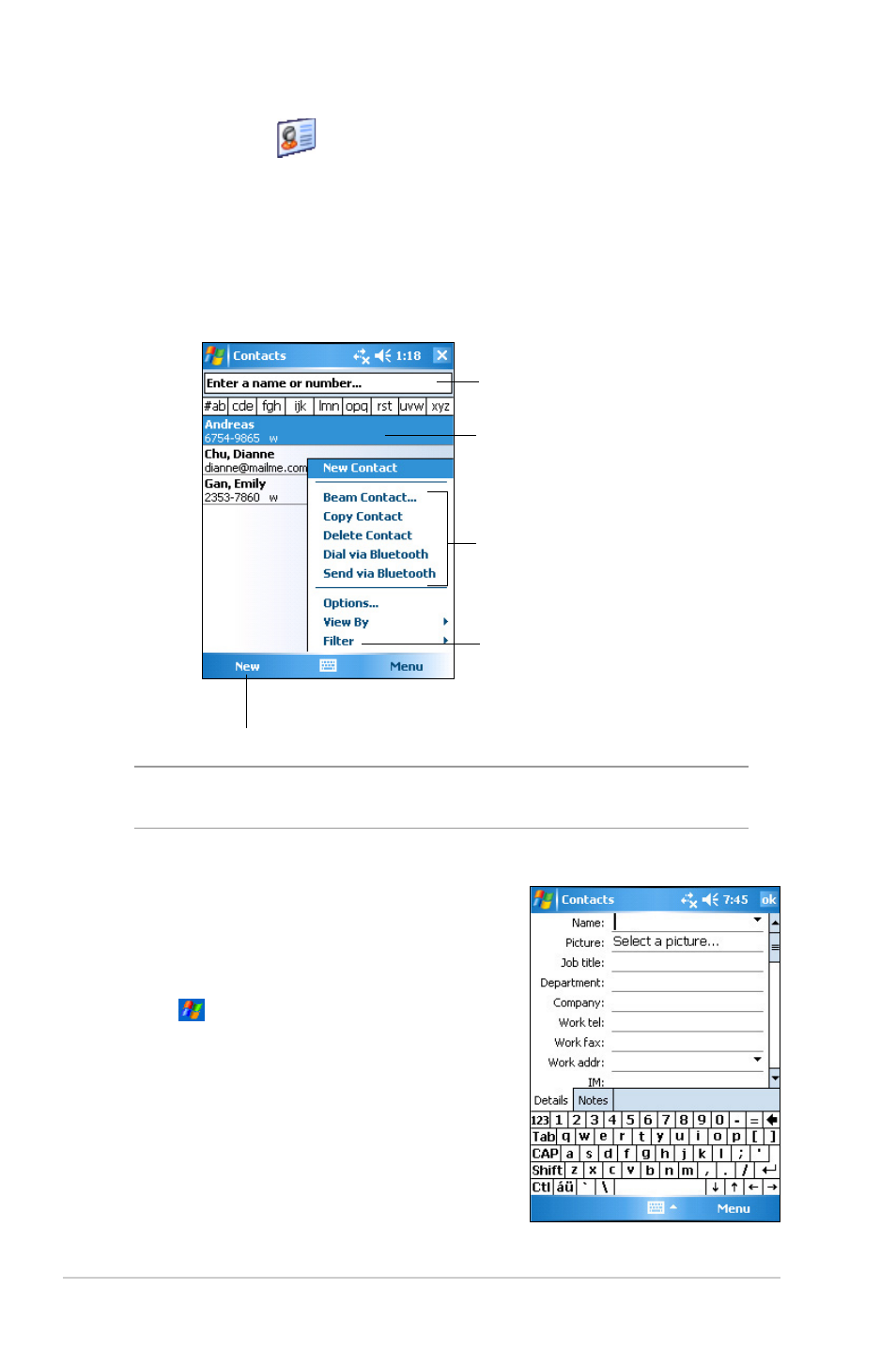 Contacts, Creating contacts | Asus MYPAL A636 User Manual | Page 48 / 104