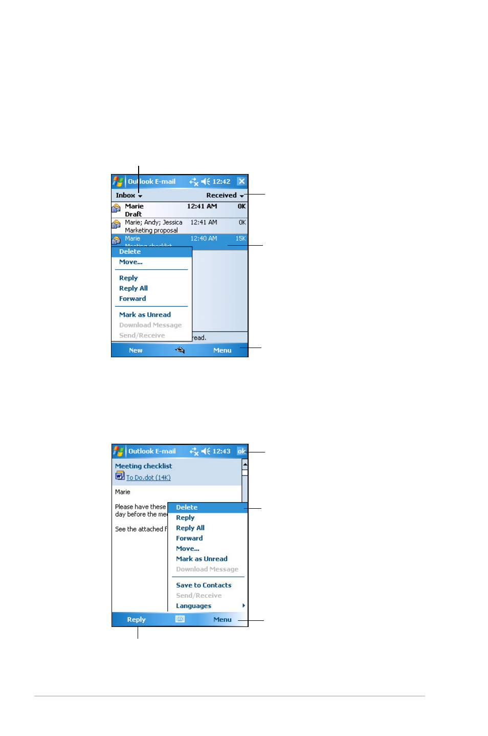 Reading messages in inbox, 50 chapter 4 | Asus MYPAL A636 User Manual | Page 56 / 104