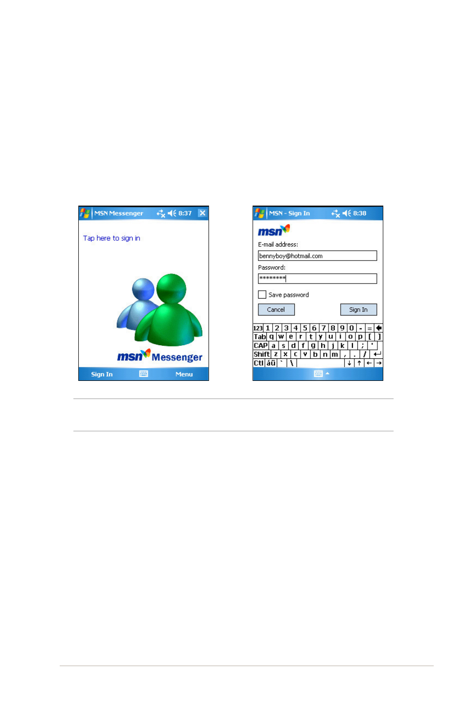 Signing up in msn messenger | Asus MYPAL A636 User Manual | Page 67 / 104