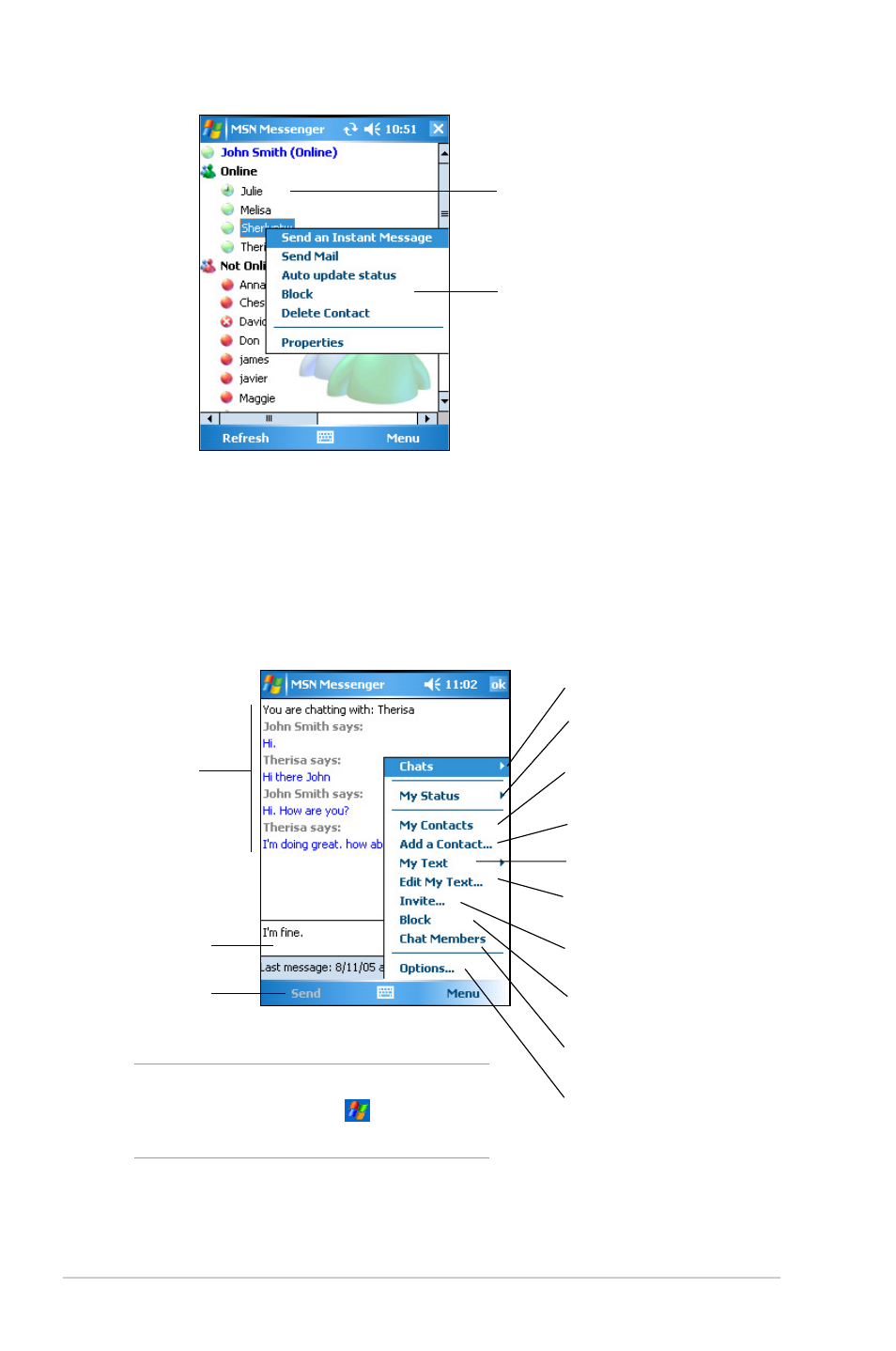 Chatting with contacts, 62 chapter 5 | Asus MYPAL A636 User Manual | Page 68 / 104