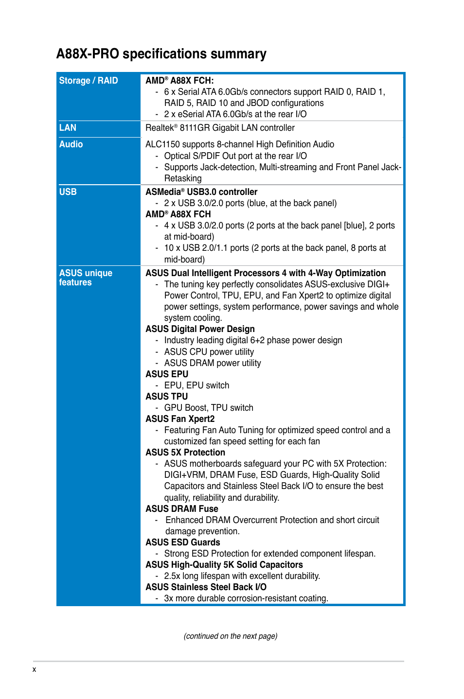 A88x-pro specifications summary | Asus A88X-PRO User Manual | Page 10 / 141