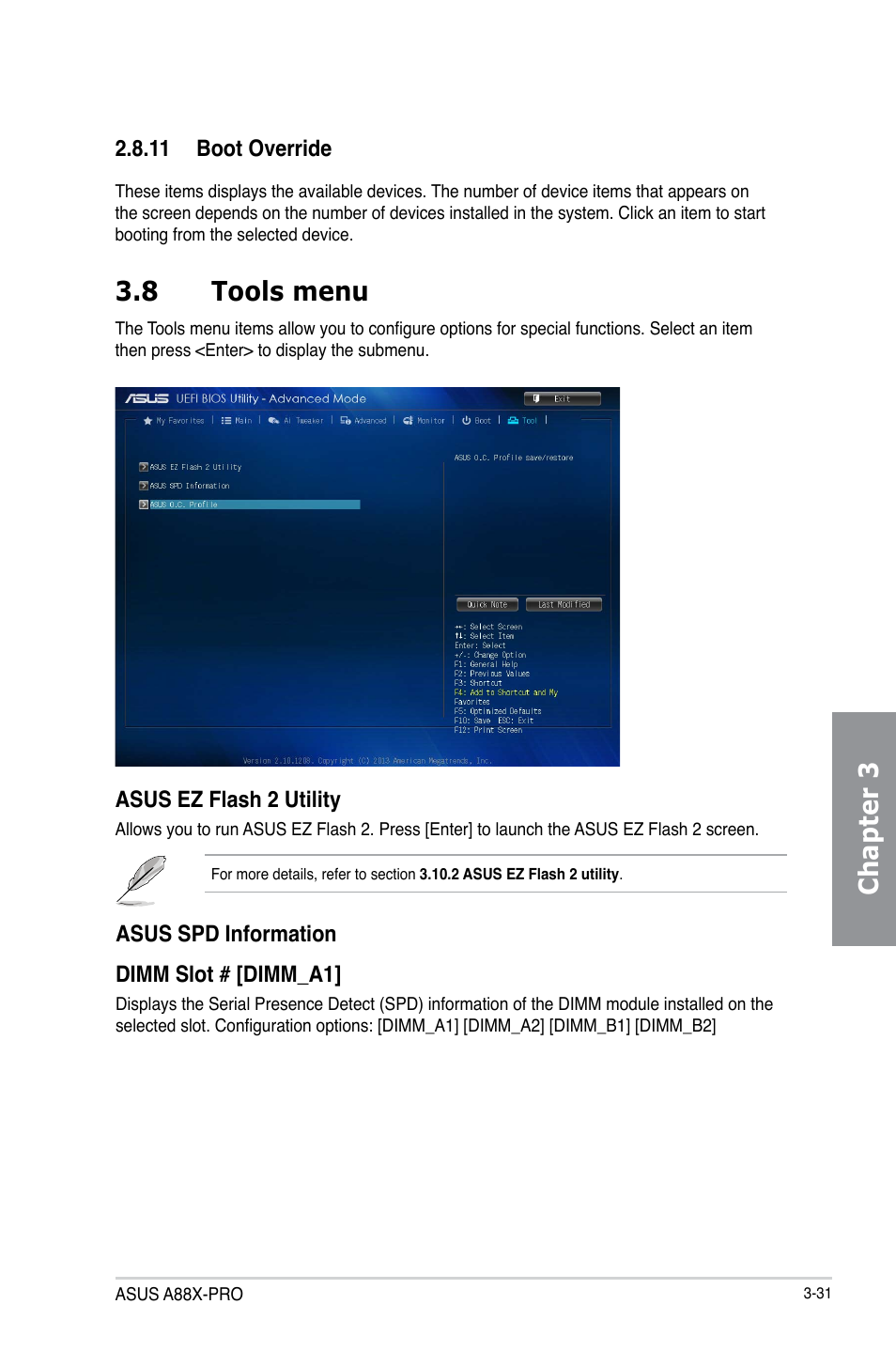 8 tools menu, Tools menu -31, Chapter 3 3.8 tools menu | Asus A88X-PRO User Manual | Page 102 / 141