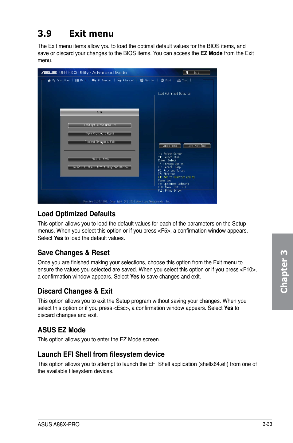 9 exit menu, Exit menu -33, Chapter 3 3.9 exit menu | Asus A88X-PRO User Manual | Page 104 / 141