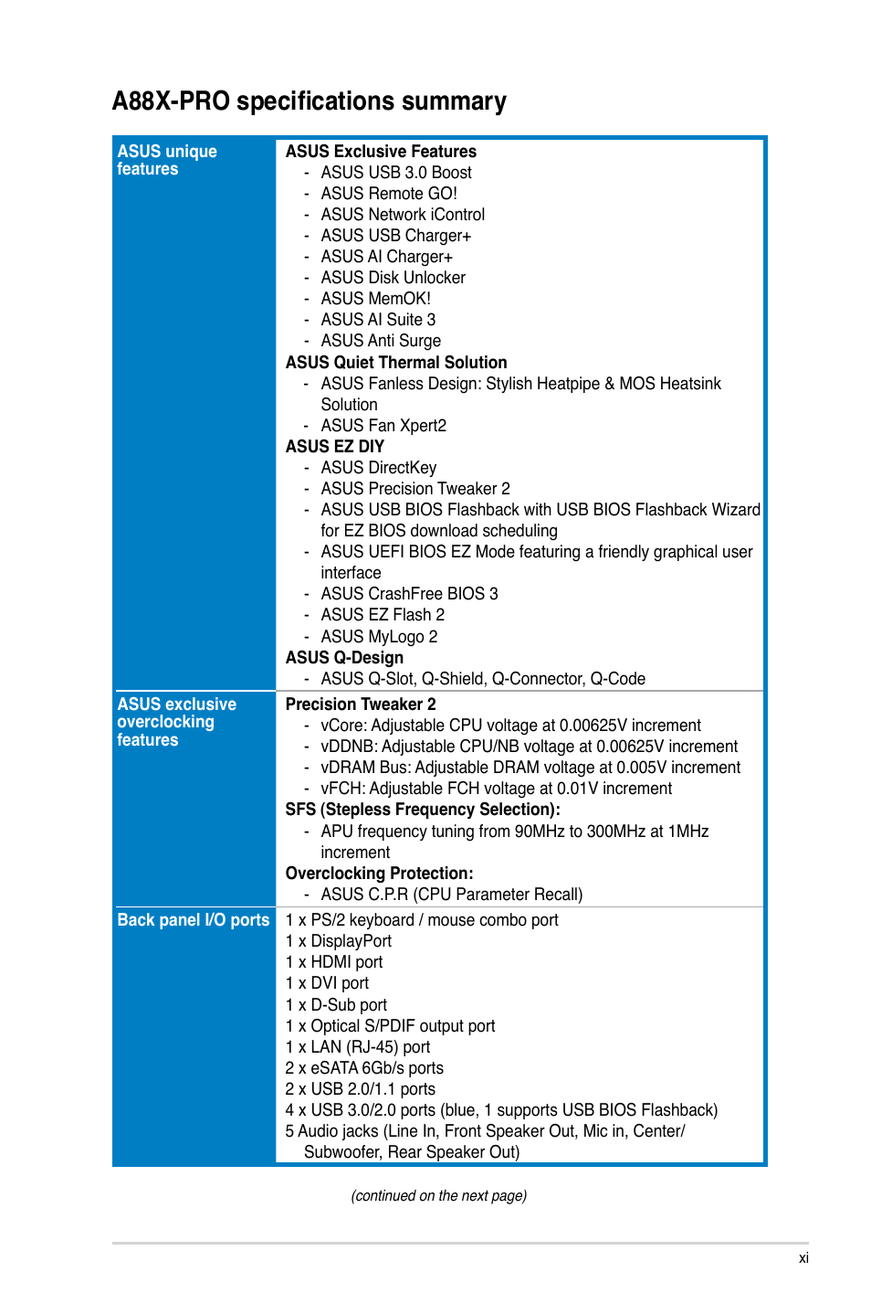 A88x-pro specifications summary | Asus A88X-PRO User Manual | Page 11 / 141