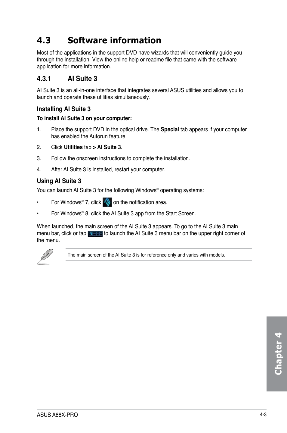 3 software information, 1 ai suite 3, Software information -3 4.3.1 | Ai suite 3 -3, Chapter 4 4.3 software information | Asus A88X-PRO User Manual | Page 112 / 141