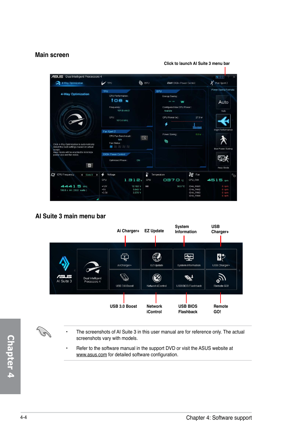 Chapter 4, Main screen ai suite 3 main menu bar | Asus A88X-PRO User Manual | Page 113 / 141