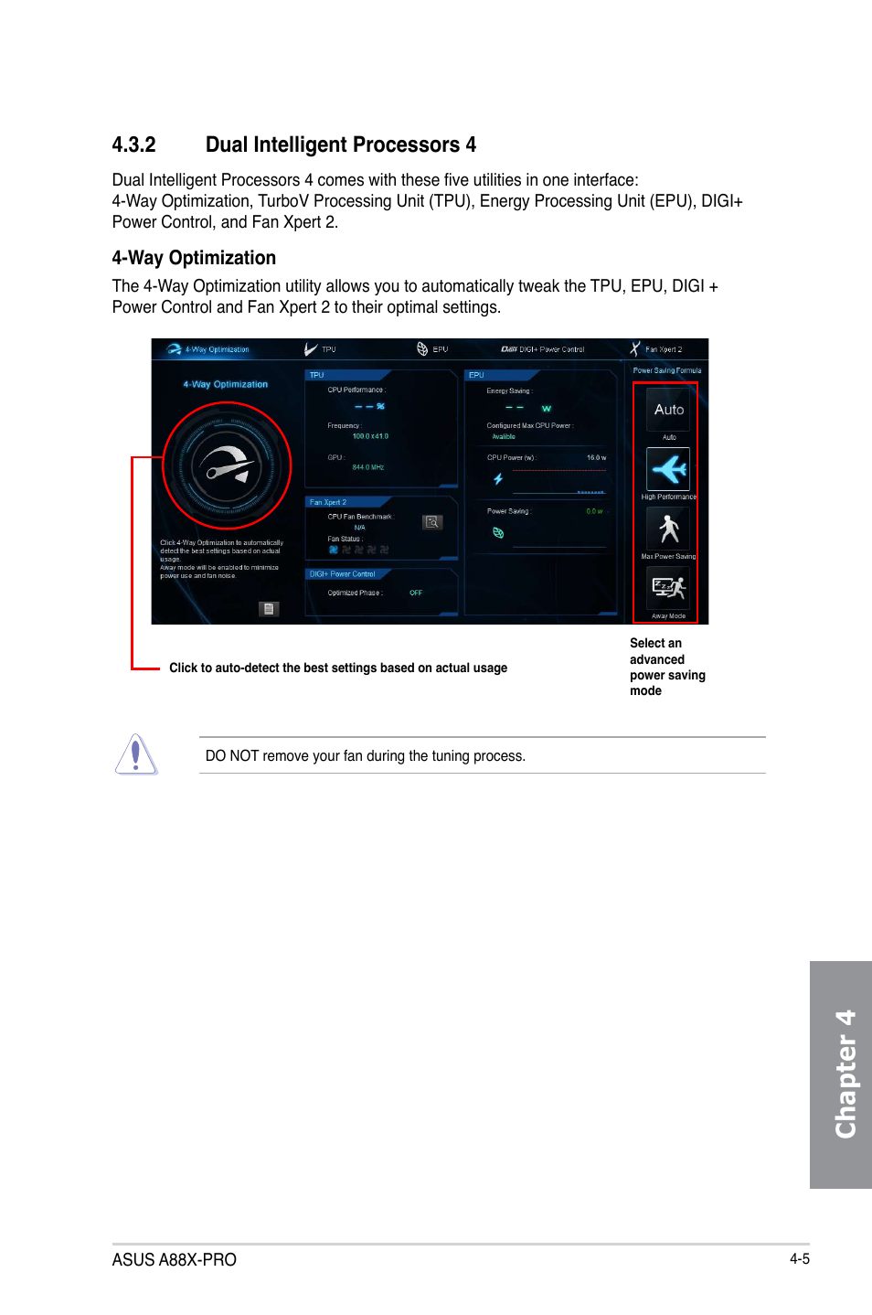 2 dual intelligent processors 4, Dual intelligent processors 4 -5, Chapter 4 | Asus A88X-PRO User Manual | Page 114 / 141