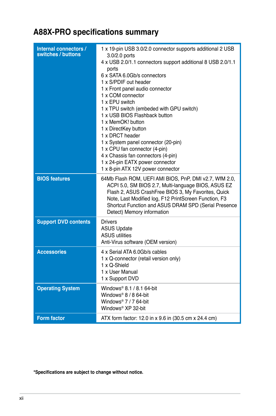 A88x-pro specifications summary | Asus A88X-PRO User Manual | Page 12 / 141