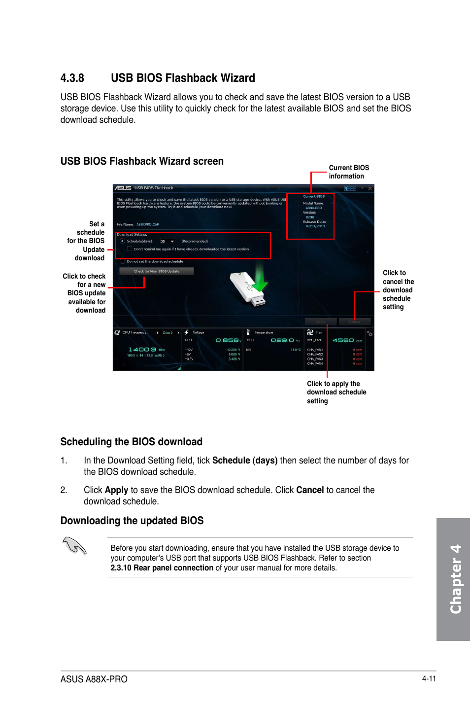 8 usb bios flashback wizard, Usb bios flashback wizard -11, Chapter 4 | Scheduling the bios download, Downloading the updated bios, Usb bios flashback wizard screen | Asus A88X-PRO User Manual | Page 120 / 141