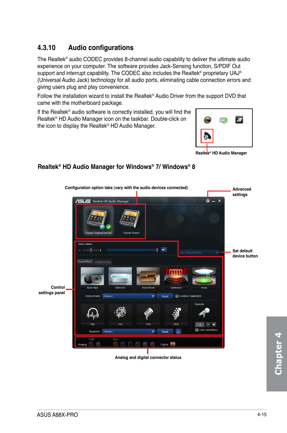 10 audio configurations, 10 audio configurations -15, Chapter 4 | Realtek, Hd audio manager for windows, 7/ windows | Asus A88X-PRO User Manual | Page 124 / 141